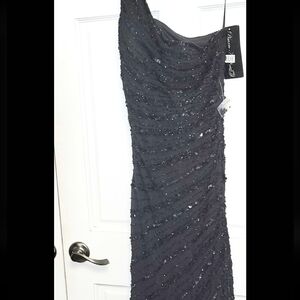 Pisarro Nights 100% Silk One-Shoulder Detailed Black Formal Dress- Sz 4 NWT